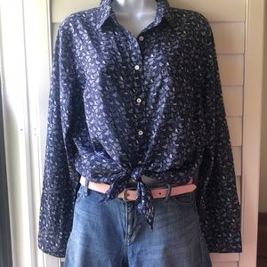 J Crew Navy and White Bird Print Shirt
